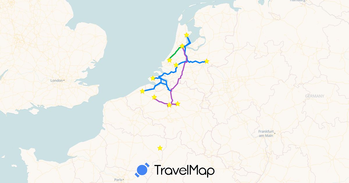 TravelMap itinerary: driving, bus, train, river cruise in Belgium, France, Netherlands (Europe)