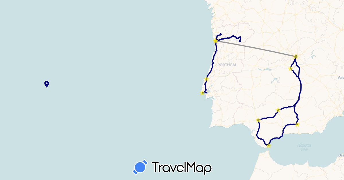 TravelMap itinerary: driving, plane in Spain, Gibraltar, Portugal (Europe)