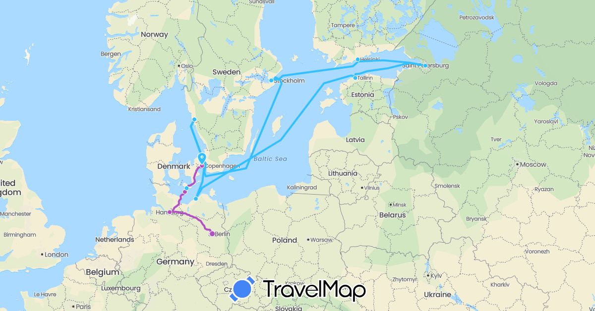 TravelMap itinerary: driving, train, boat in Germany, Denmark, Estonia, Finland, Russia, Sweden (Europe)